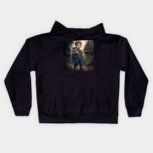 Young boy in his denim coveralls carrying his cat. Kids Hoodie